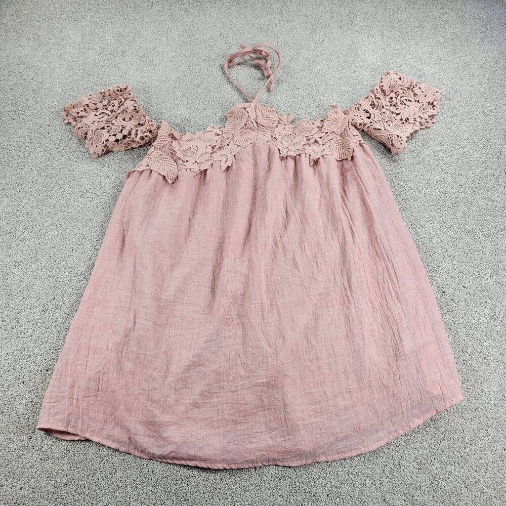 UMGEE Womens Top Medium Pink Lace‎ Trim Off the Shoulder Halter Tie Neck